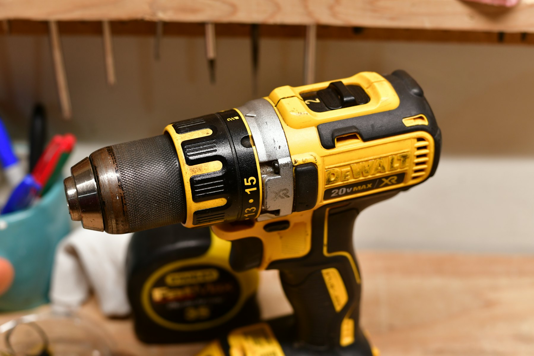 Cordless drill on a workbench